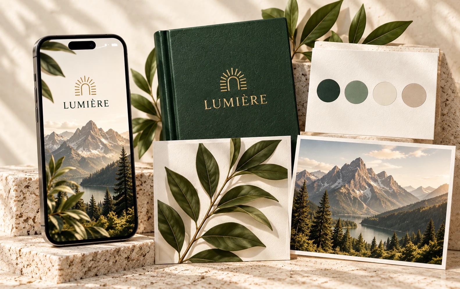 Illustrative Lumière Atelier identity with a logo, colour palette and applications