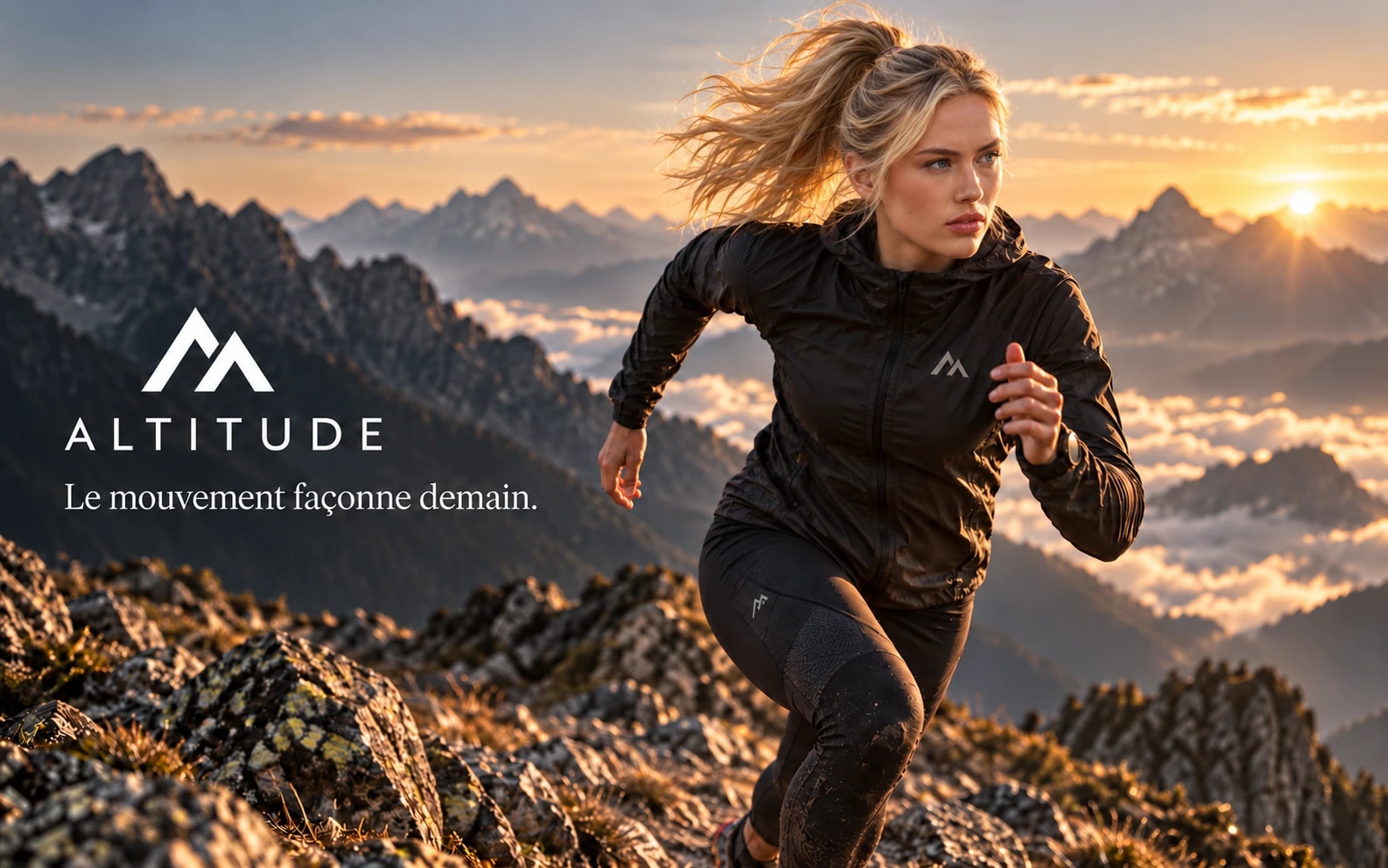 Altitude advertising image with a female trail runner in the mountains